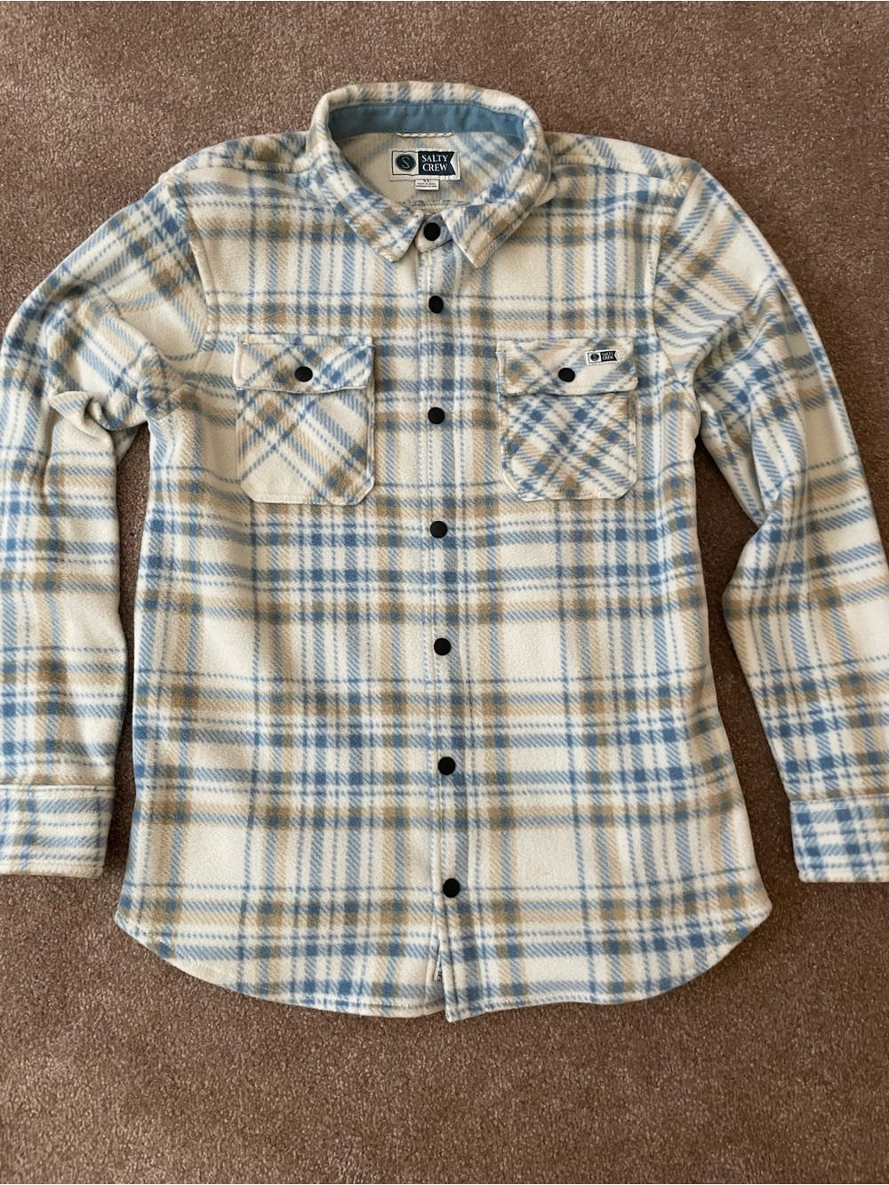 Salty Crew children’s Cream & Light Blue Plaid Flannel Shirt